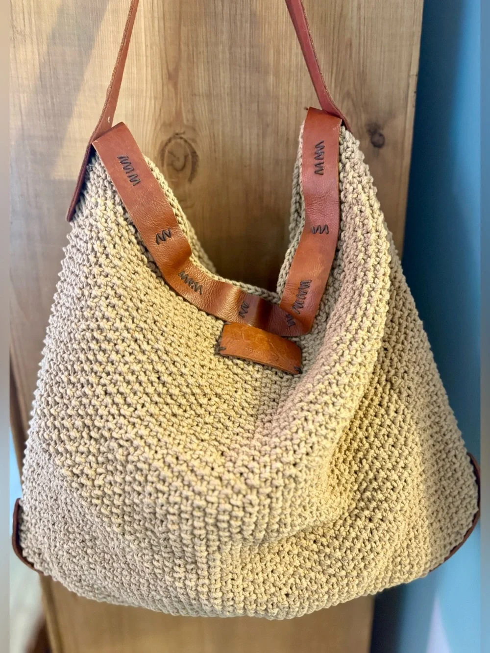 Lucky Brand Vintage Boho Crochet & Leather Shoulder Bag Tote